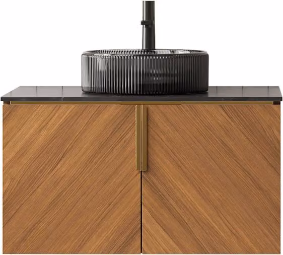 Mobile da Bagno con 4 Ante e 2 Ripiani Aperti, Lavabo in Vetro - per Bagno - 192 cm - nero e rovere marrone
