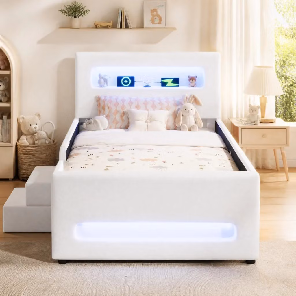 Letto moderno REDOM con cassetto e illuminazione LED in ecopelle bianca, L/P/H: 90 x 200 x 218 cm – 2