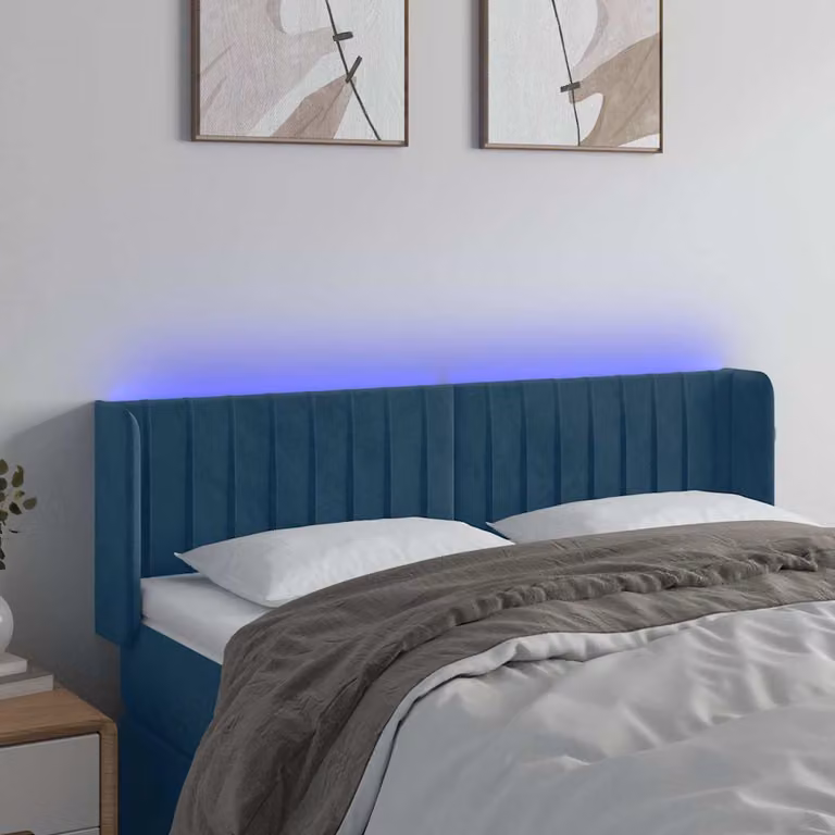 Testiera per letto vidaXL in velluto blu scuro con illuminazione LED integrata e porta di ricarica USB, L: 147 cm, P: 16 cm, H: 78-88 cm