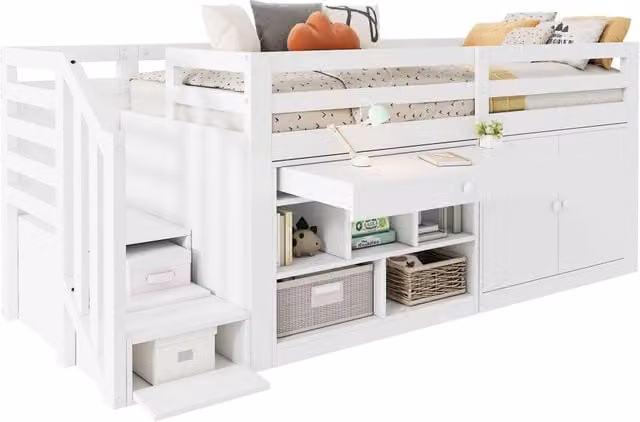 Letto a castello per bambini con scala, contenitore e cassetto reversibile in legno e MDF, bianco, L/P/H: 90 x 200 cm