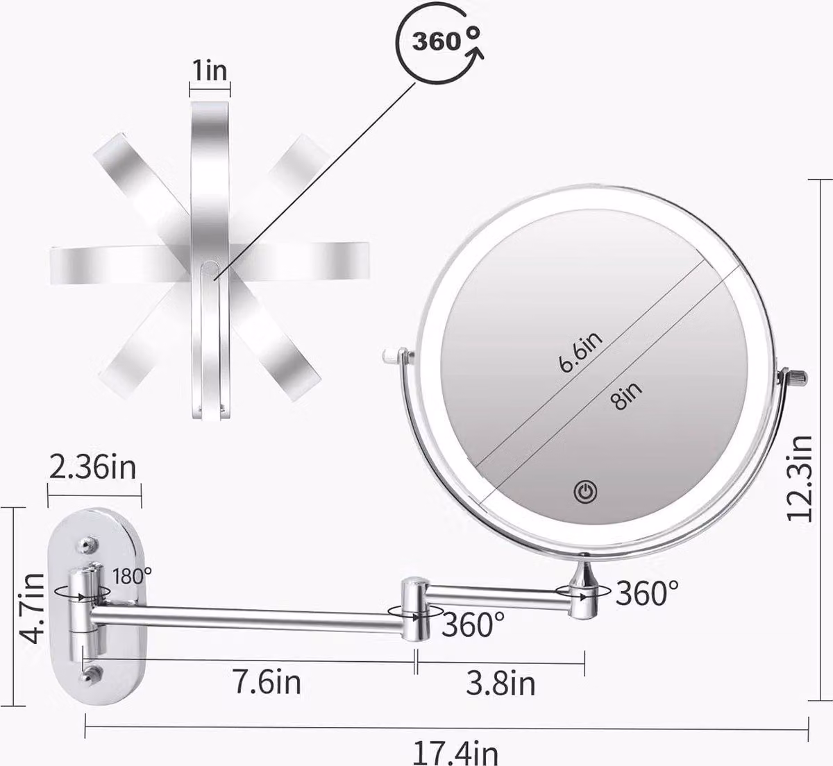 Specchio da trucco ricaricabile con illuminazione a LED, regolabile in intensità, con ingrandimento 1X/10X, da montare a parete e rotante a 360°