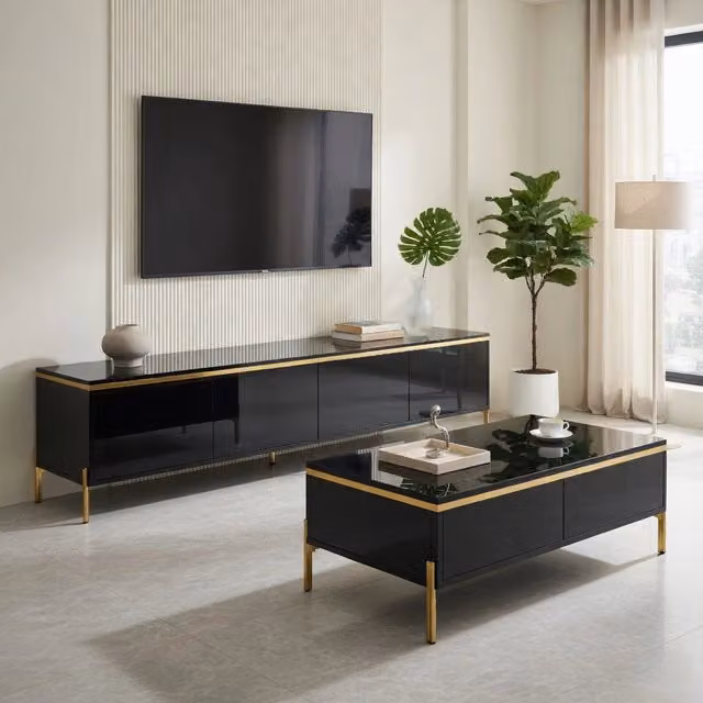 Cassettiera per TV nera in truciolato; lunghezza 170 cm
