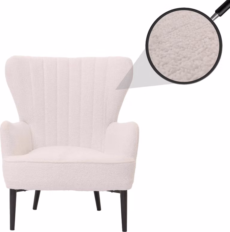 Poltrona relax HWC-K37, poltrona da cocktail/poltrona a orecchie, sedia imbottita in stile retrò vintage, rivestita in tessuto bouclé (600 g/m²), colore bianco