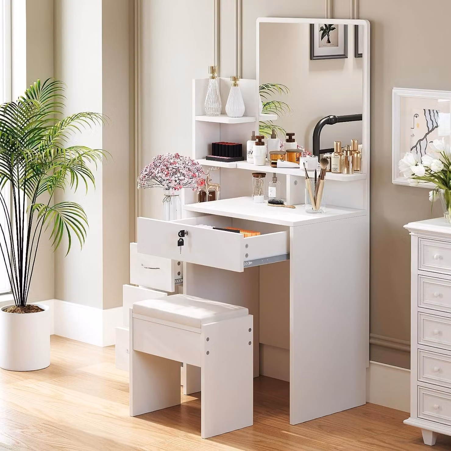 Dripex tavolo da toilette bianco con sgabello specchio tavolo da toilette tavolo cosmetico, 4 cassetti 144x40x87 cm