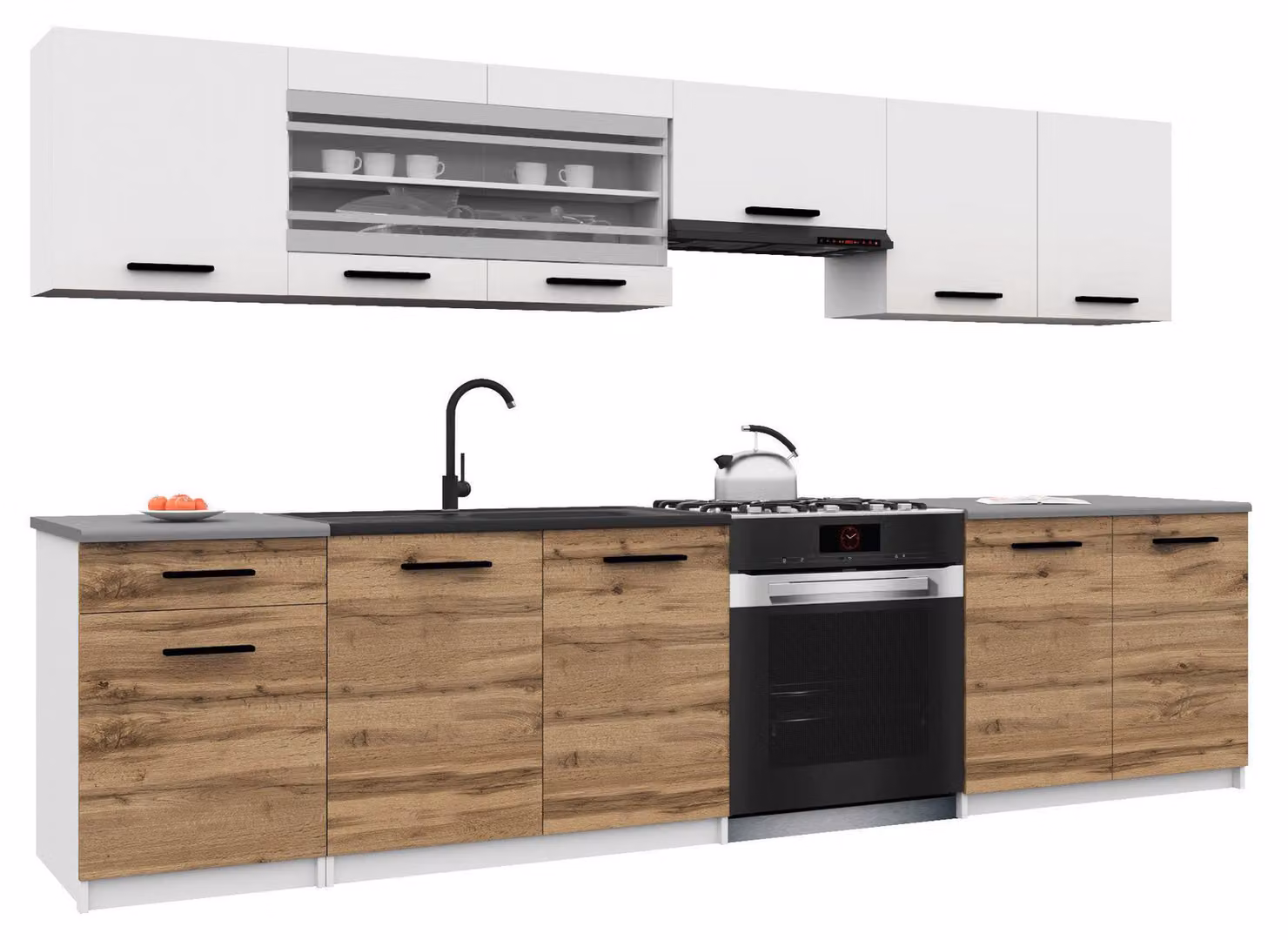 Belini - Angolo cottura moderno ITALIA 4 - Mobili da cucina 260 cm bianco-marrone dorato - Cucina componibile con pensili, mobili base e piani di lavoro