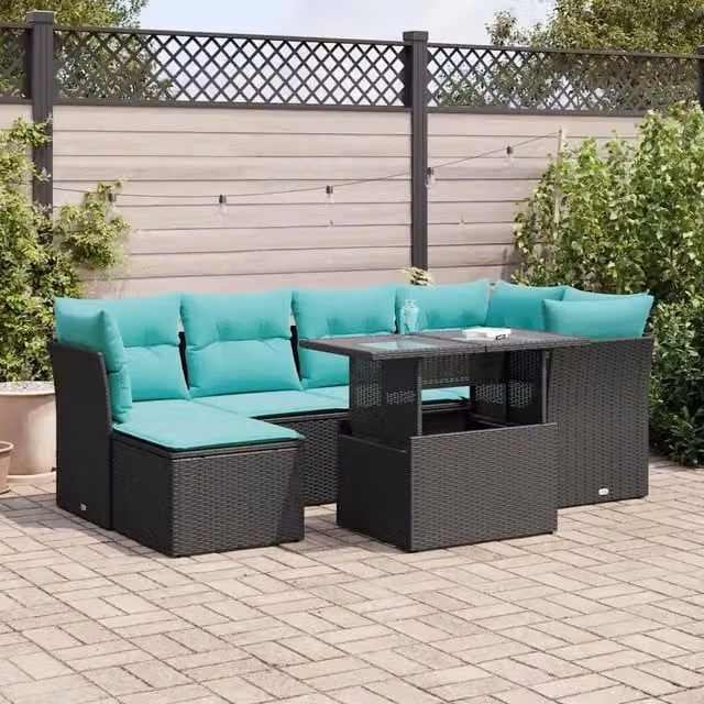 Set Divani da Giardino con Cuscini 7pz Nero Polyrattan Acacia 3326188