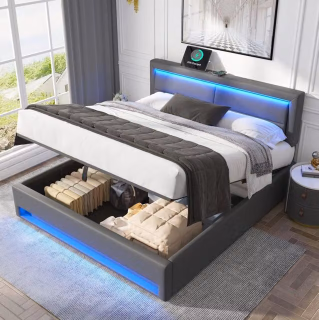 Letto imbottito 140 x 190 cm con porta USB, luce LED regolabile e spazio contenitivo, senza materasso, design PU-Lychee grigio
