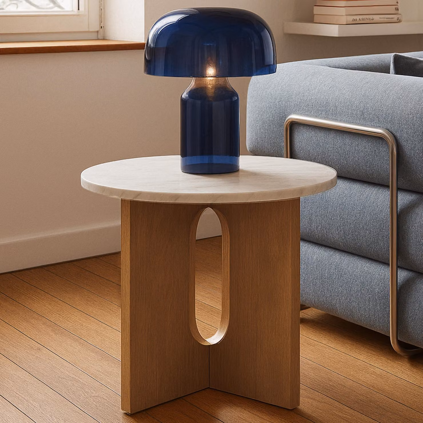 Tavolino da caffè rotondo moderno 50 cm effetto marmo legno chiaro - Oviala Klery