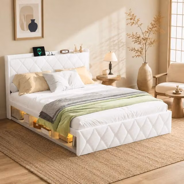 Letto matrimoniale adulto 140x200 cm bianco con USB e LED, tessuto peluche, senza materasso