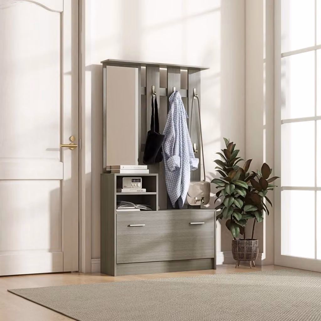 Mobile Guardaroba per Ingresso GIORDANOSHOP con Specchio, Scarpiera e Panca, Grigio Opaco, L: 150 cm, H: 110 cm, P: 24 cm – 2