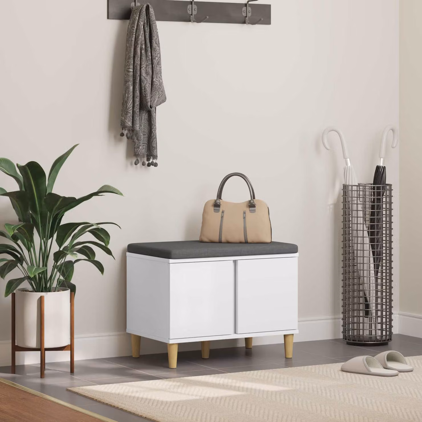 Panca per ingresso con cuscino e porta scarpe vidaXL, Bianco, L: 60 cm, P: 38 cm, H: 46 cm