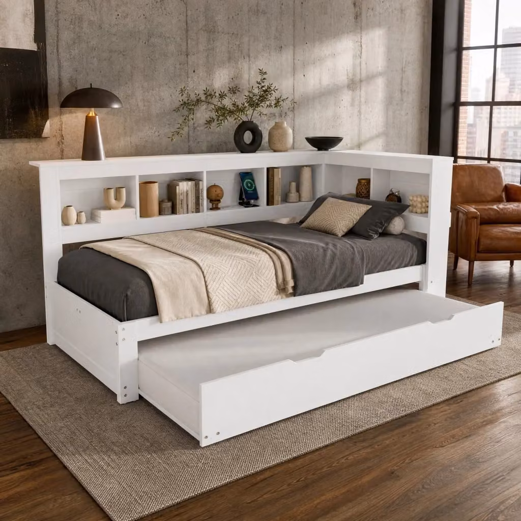 Letto divano multifunzione moderno in tessuto bianco con letto estraibile, porte USB e vani laterali, L/P/H: 219 x 90 x 117 cm – 2