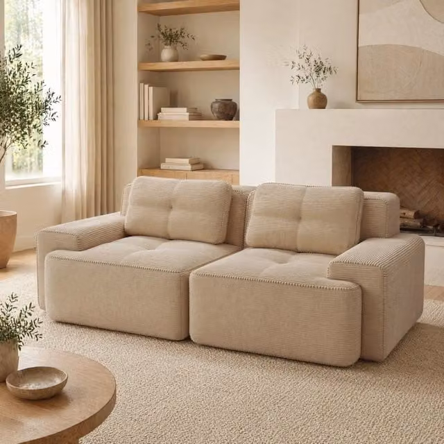 Divano modulare basso in velluto a coste beige con seduta profonda 74 cm HOMVRA