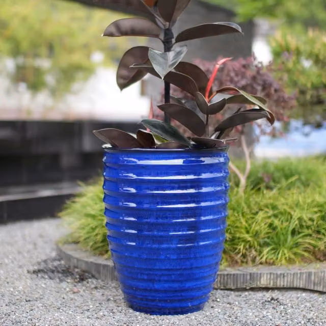 Vaso per piante Minimal in ceramica blu lucido con fori di drenaggio L: 42 cm, P: 42 cm, H: 54 cm