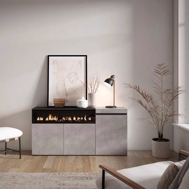 Credenza, Mobile, 150x35x75cm, 3 Porte, Camino elettrico, grigio cemento RF2493