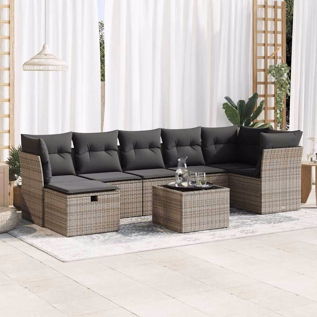 Set Divano da Giardino vidaXL 8 pz in Polyrattan Grigio con Cuscini e Tavolino