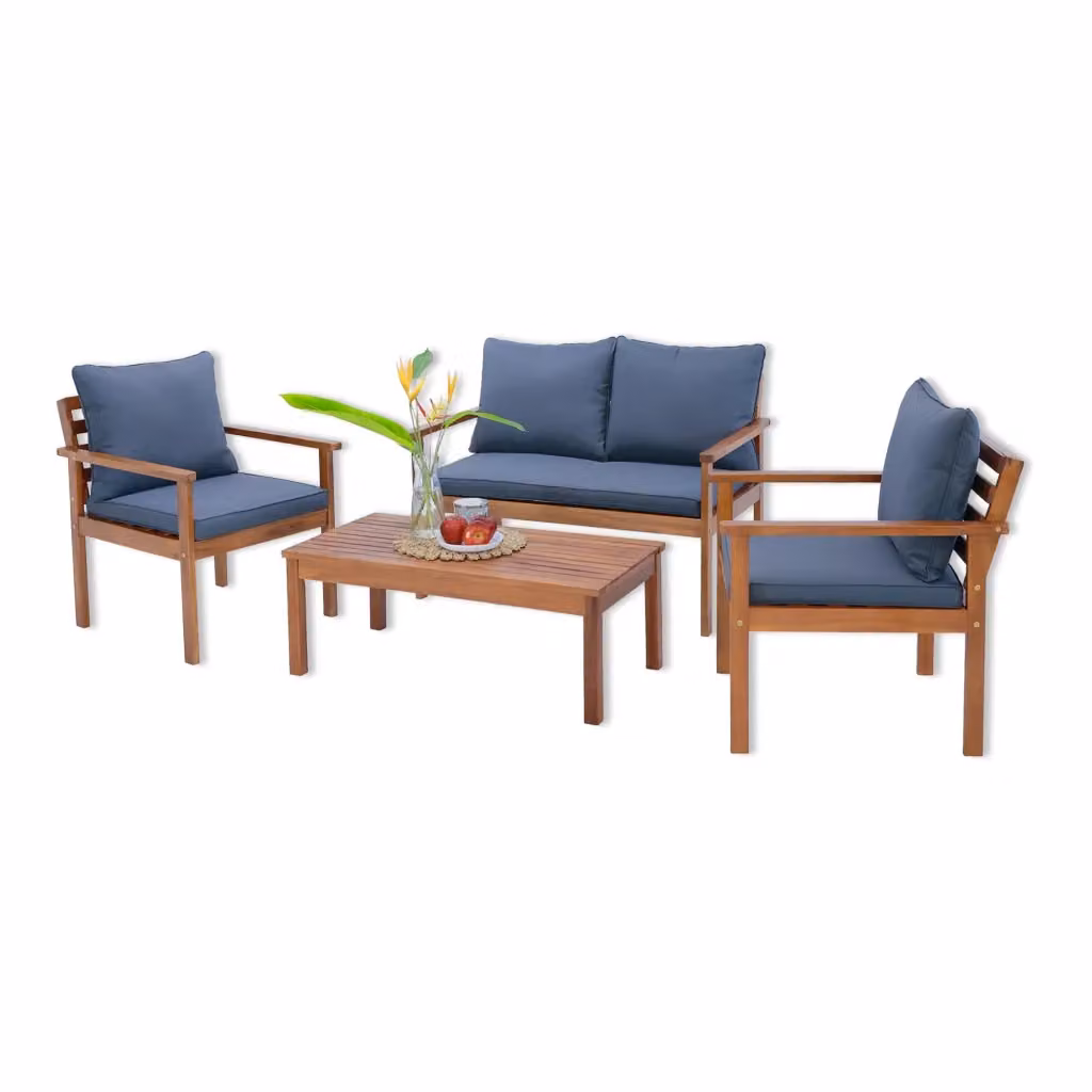 Set Salottino da Giardino en.casa in Legno di Acacia con Divano a 2 Posti, Poltrone e Tavolino, Grigio con Cuscini Inclusi – 2