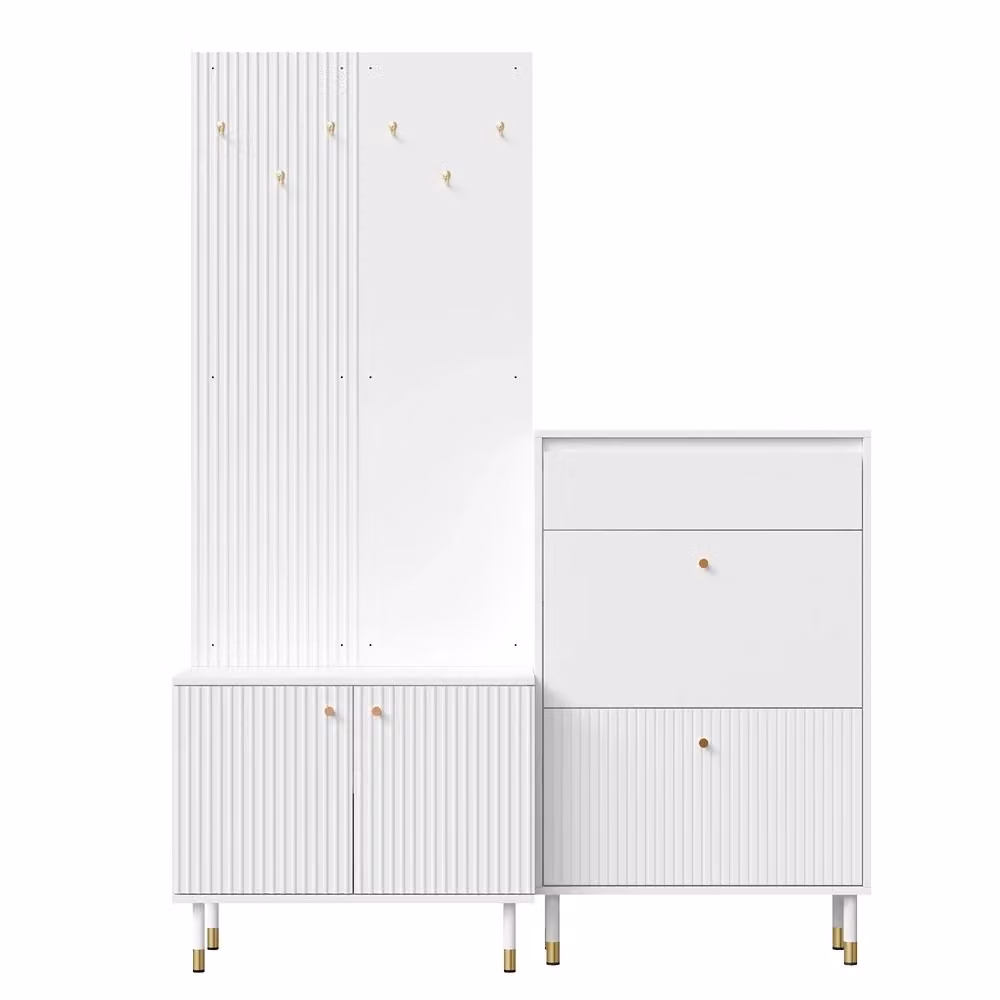 Set ingresso Minimal bianco con appendiabiti e scarpaio a 2 ante in truciolato e metallo H: 180 cm, L: 120 cm, P: 35 cm – 2