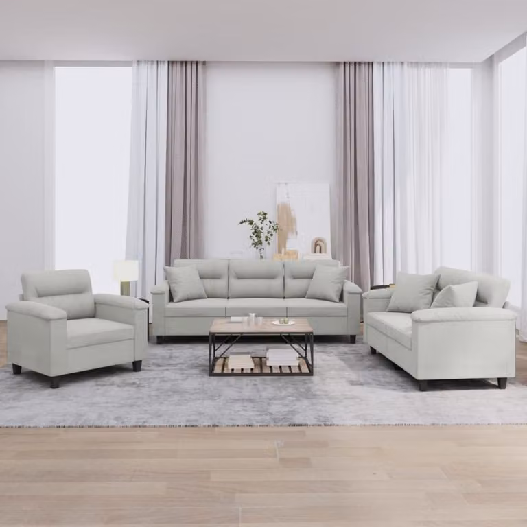 Set di divani vidaXL da 3 pezzi in microfibra grigia con cuscini per soggiorno in stile moderno