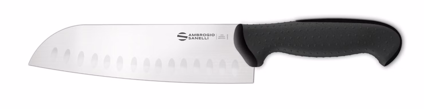 Coltello Santoku linea Tecna di Sanelli Ambrogio, lama alveolata cm 18, manico nero