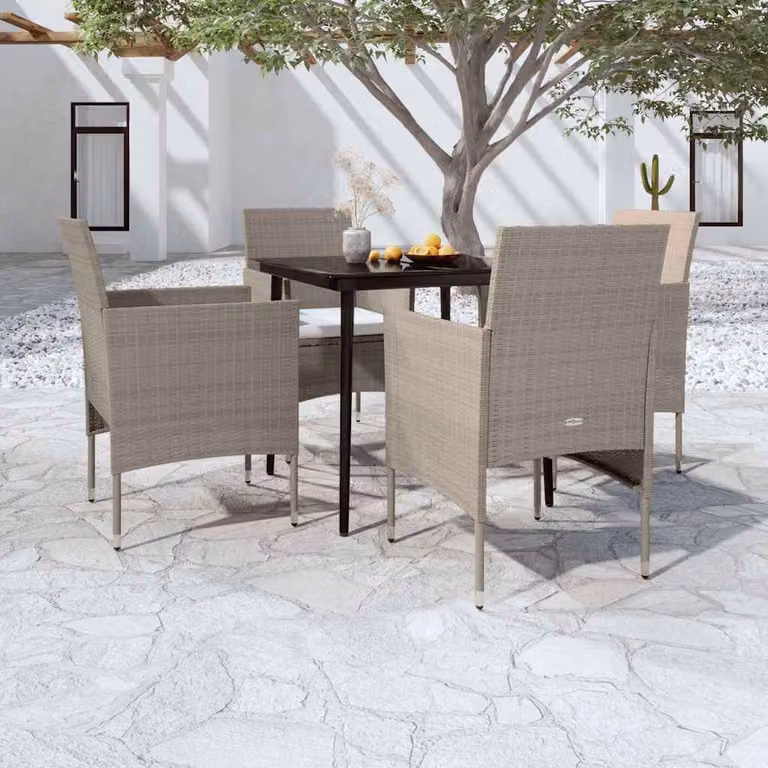Set da Pranzo da Giardino vidaXL in Polyrattan con Tavolo in Vetro e 5 Sedute con Cuscini Beige e Nero