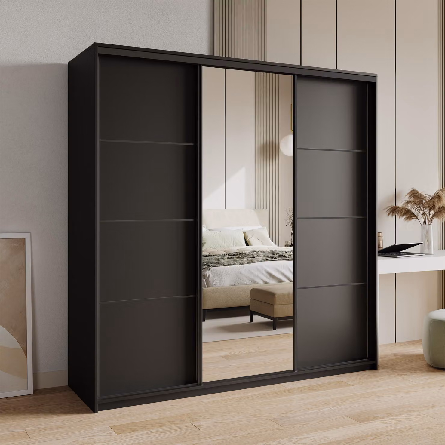 Armadio scorrevole Masseno VARO 180/205/60 cm Armadio con 4 cassetti Armadio per camera da letto a 3 ante con specchio Nero