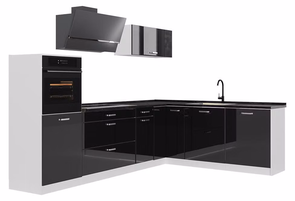 Cucina angolare completa Vicco R-Line Nero lucido/Bianco 287 x cm piano di lavoro Antracite, Model 66769