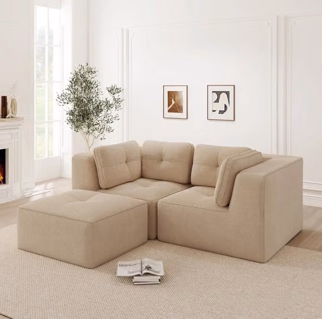 Divano angolare modulare in corduroy beige 208x177x69 cm