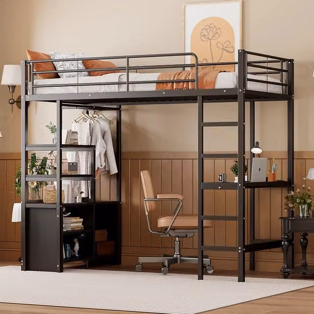 Letto a soppalco singolo MIVRAY nero con scrivania, presa e porta USB, armadio aperto, ripiani e scala in metallo e MDF, dimensioni 90 x 200 cm