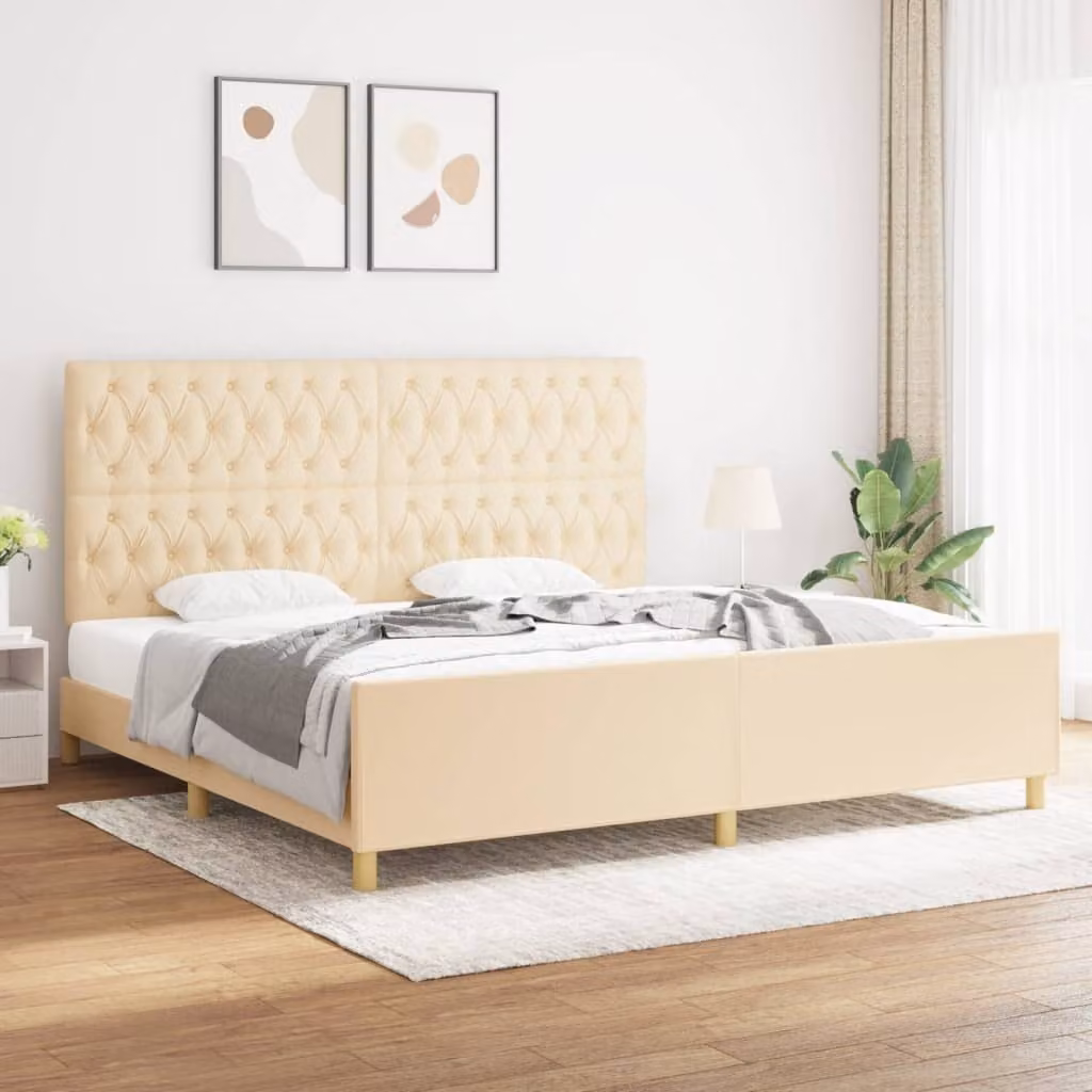 The Living Store Struttura letto con testiera in tessuto crema 200x200 cm