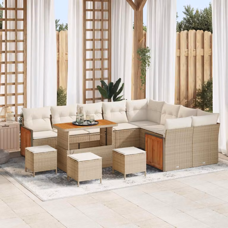 Set Divano da Giardino vidaXL 13 Pezzi a Forma di L con Tavolino e Ottoman, Colore Beige e Bianco