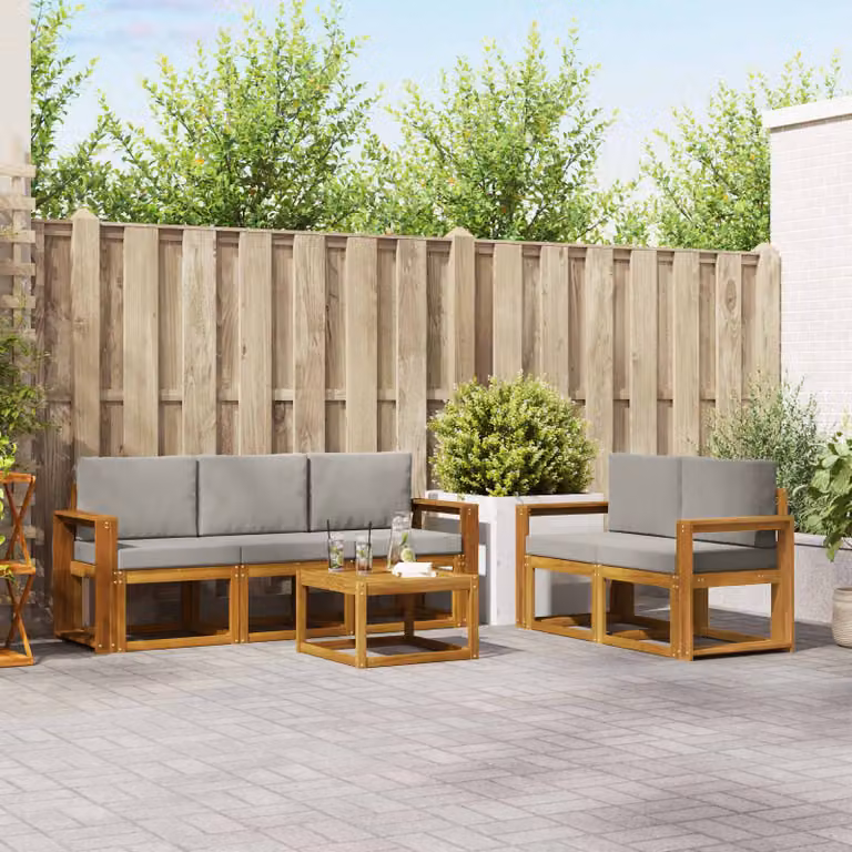 Set di divani da esterno vidaXL a forma di L composto da 6 pezzi con tavolino, in legno di acacia e tessuto grigio e marrone
