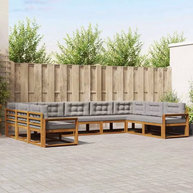 Set di divani da esterno a L vidaXL in legno di acacia con cuscini grigi – 1