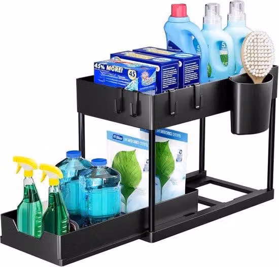 Mobiletto sotto il lavello – 2 ripiani – Cassetto estraibile – Organizzatore intelligente per cucina e bagno – Con ganci e contenitore – Nero – Scaffale per cucina – 2 ripiani – Per lavello – Per bagno – Mobiletto da cucina – Organizzatore