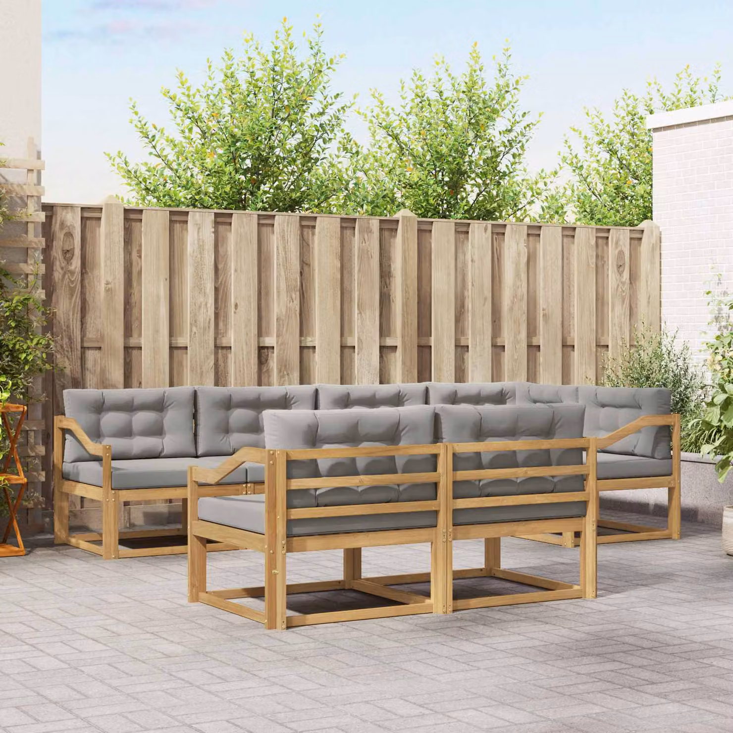 Set di divani da esterno a forma di U vidaXL in legno di acacia con cuscini, Bianco, Grigio e Marrone