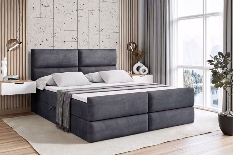Letto boxspring ALTDECOR con pediera, materasso H3 e topper - 200x200 cm - BOXI3-Z - Velluto grigio scuro - Letto imbottito con contenitore e rete a doghe, letto con spazio contenitivo