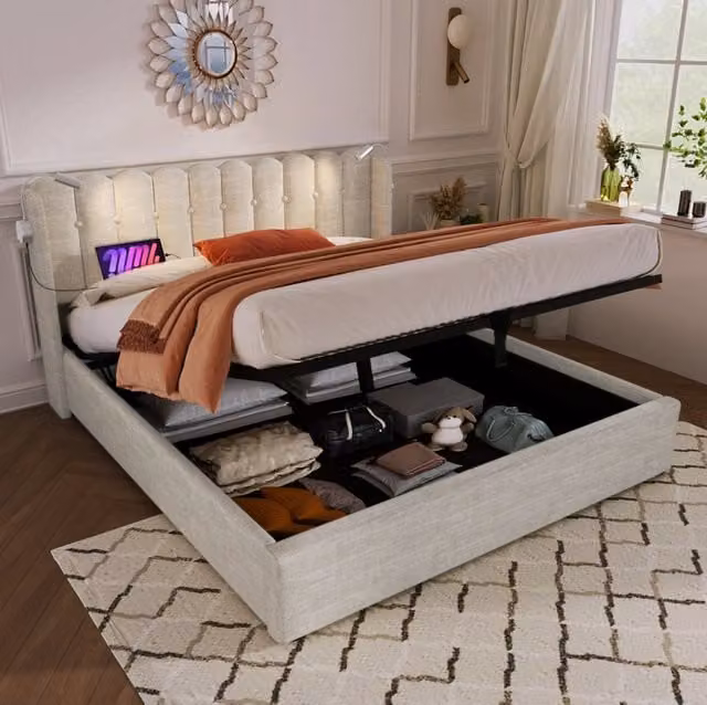 Letto matrimoniale contenitore MODFU in tessuto beige con base a sollevamento, porte USB, luci da lettura e materasso incluso, L/P: 160 x 200 cm