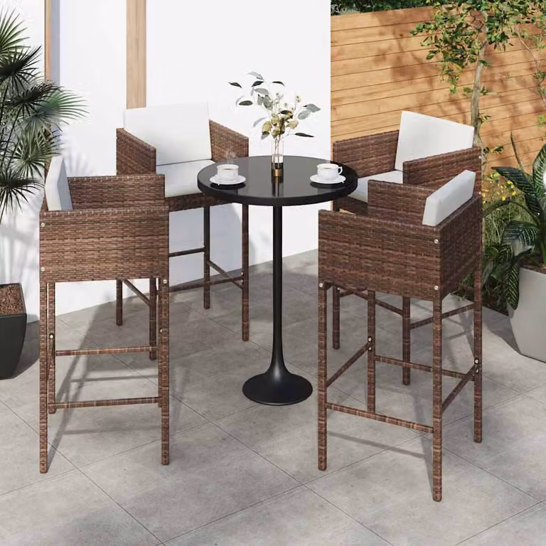 Set di 4 sgabelli da bar vidaXL in polyrattan marrone con cuscini in tessuto e struttura in metallo