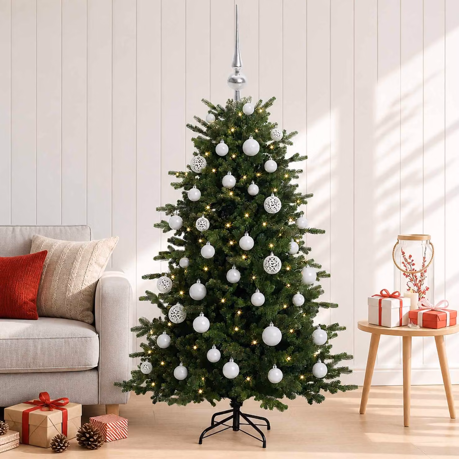 Albero di Natale artificiale verde vidaXL con 150 LED luce bianca calda e decorazioni