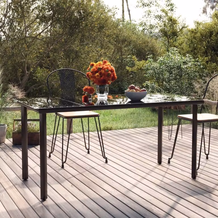The Living Store Tavolo da pranzo da giardino nero 160x80x74 cm in acciaio e vetro temperato