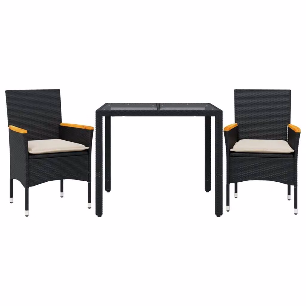 Set da Pranzo da Giardino 3 pz con Cuscini Polyrattan e Vetro