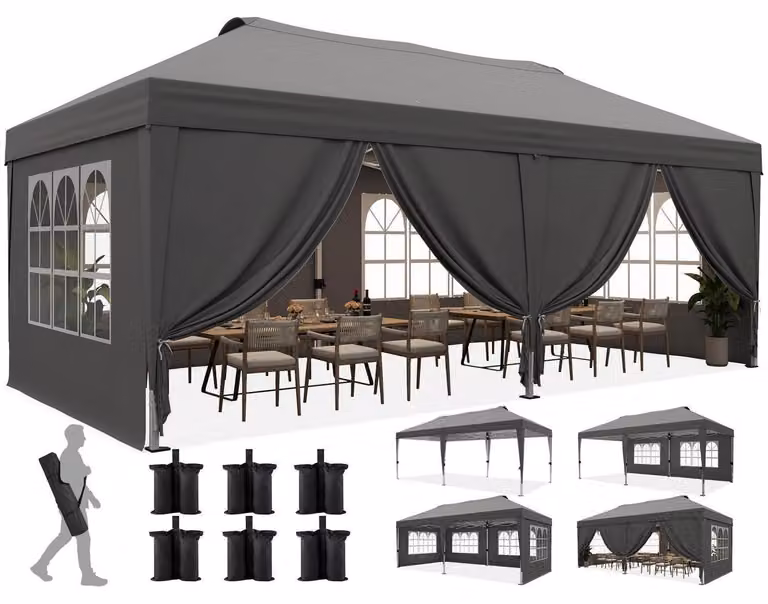 Tenda pop-up da esterno, dimensioni 3x6 metri, con 6 pareti laterali, colore grigio, protezione UV 50+, struttura in acciaio
