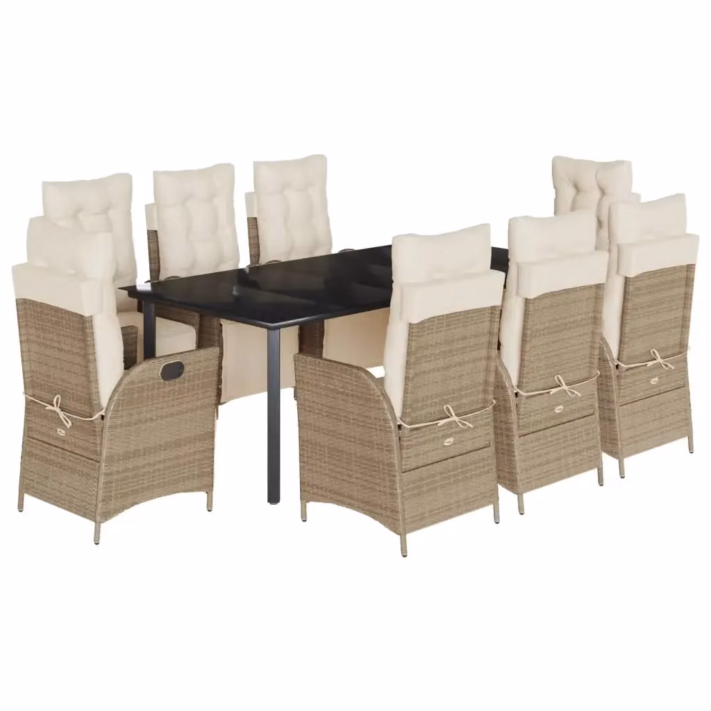 Set da Pranzo da Giardino vidaXL in Polyrattan con Tavolo in Vetro e 9 Sedute con Cuscini Beige – 2