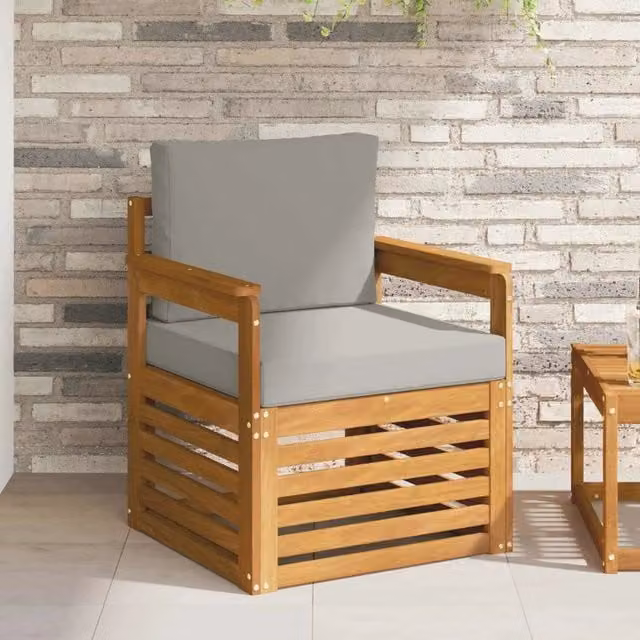Divano da esterno moderno in legno di acacia massello e tessuto grigio per giardino e terrazza