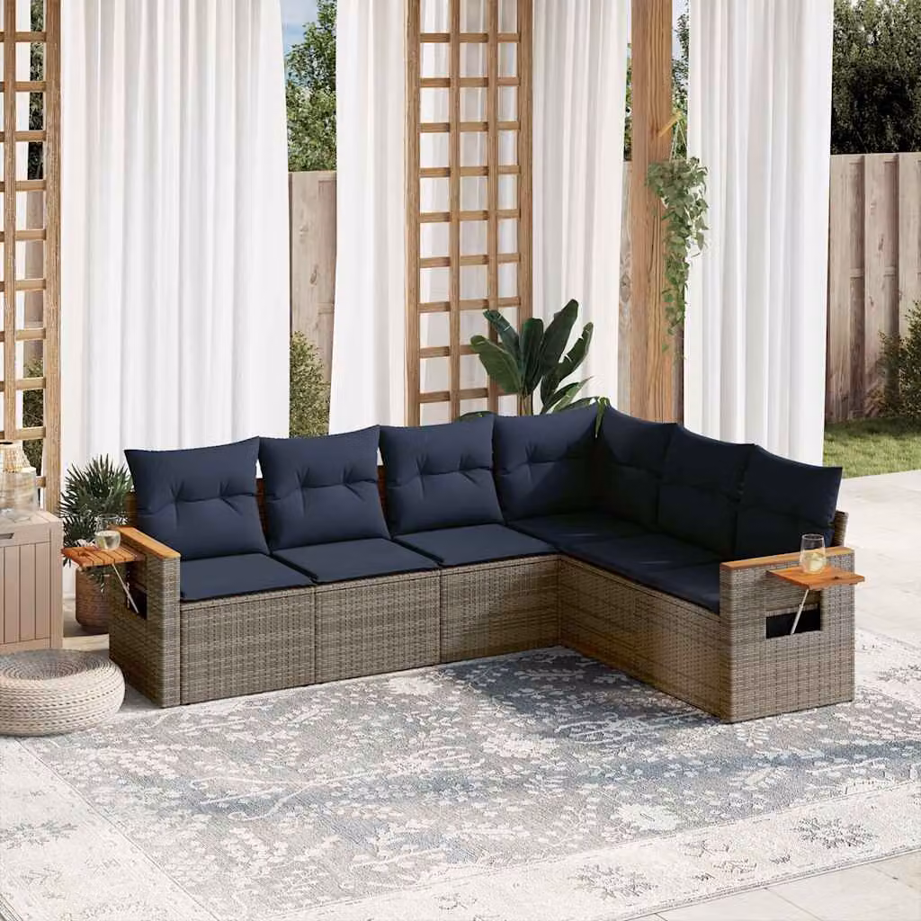 Set di divani da giardino vidaXL a forma di L composto da 6 pezzi con cuscini grigi in polyrattan e legno di acacia – 1