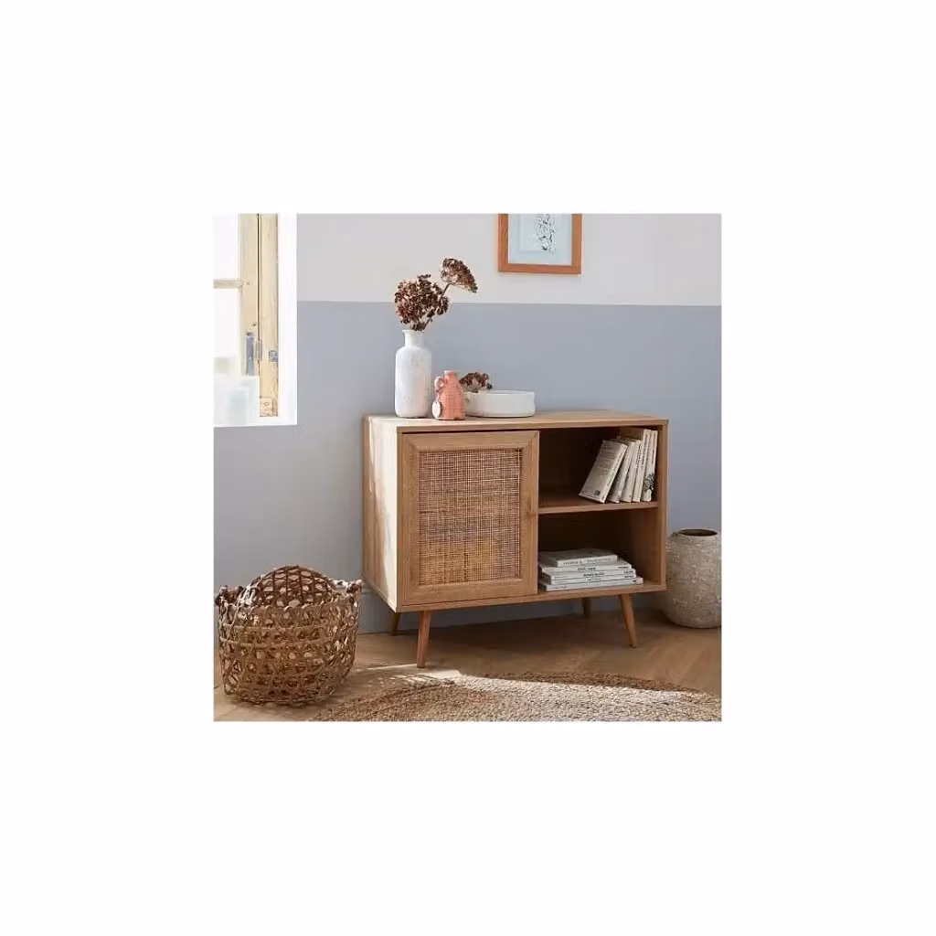 Cassettiera Meublorama in rovere chiaro e rattan beige con design scandinavo, L 80 cm x P 39 cm x H 66 cm – 2
