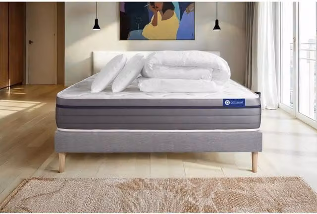 Pacchetto letto completo - Materasso 160x200cm + Box spring con doghe (kit) + 2 cuscini + Piumino - ActiMemo Zen