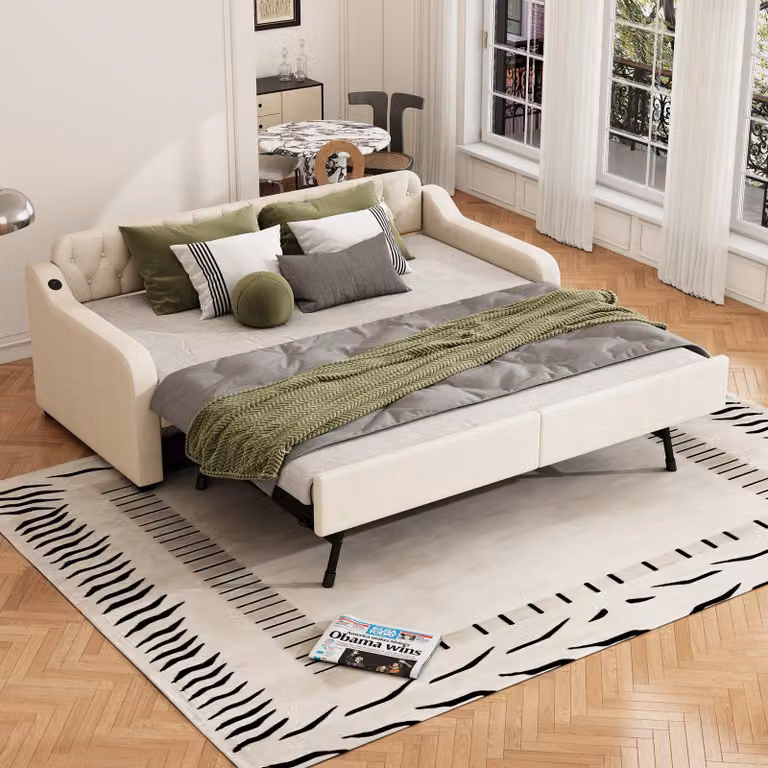 Letto pieghevole okwish con materasso 90 x 200 cm in legno massello, con letto aggiuntivo estraibile e porta USB, letto per bambini e ragazzi, beige