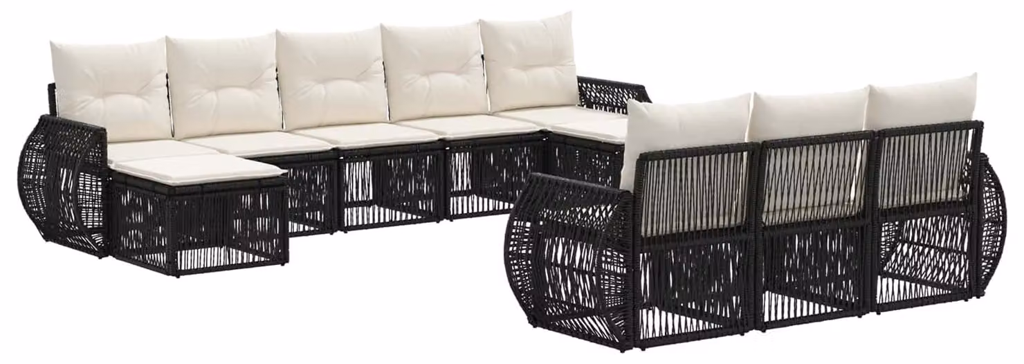 Set da giardino composto da 10 pezzi, in rattan sintetico nero e crema