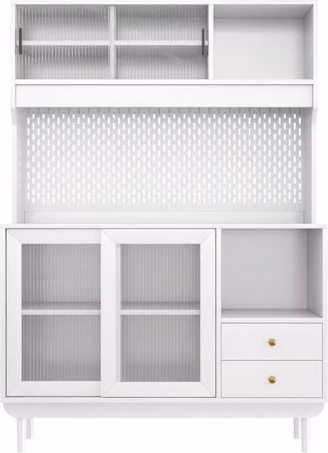 Credenza da cucina alta con 4 ante scorrevoli in vetro rigato, 2 cassetti e pannello forato, bianca, 117 × 30 × 170 cm